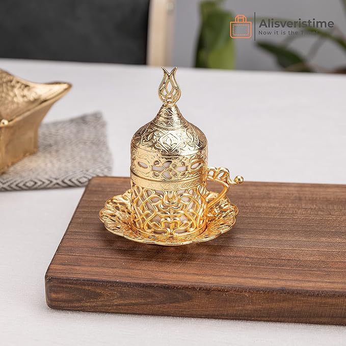 Alisveristime Turkish Coffee Set for Two - Authentic Ottoman Style Cups, Saucers, and Serving Tray with Lale Motifs (Acur) (Gold)