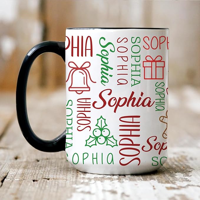 Personalized Funny Christmas Hot Cocoa Mug – Custom Holiday Coffee Cup with Festive Name Pattern – Santa Gift, Unique White Elephant Exchange Present, Gag Gift Ceramic Mug