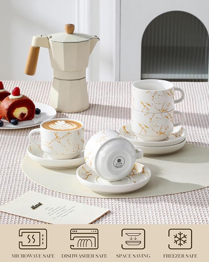 MALACASA 8 OZ Porcelain Espresso Cups with Saucers and Metal Stand Set of 4, Stackable Cappuccino Cups, Marble White Expresso Shots Cup Set for Coffee Drinks, Latte, Tea