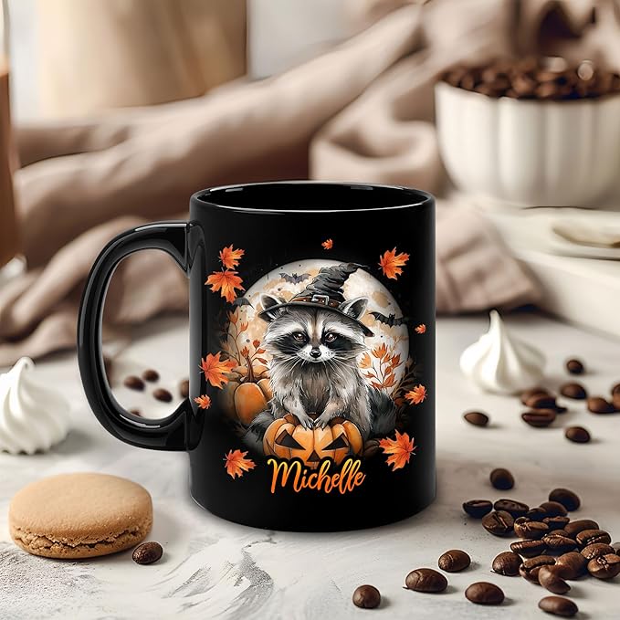 Hyturtle Personalized Halloween Raccoon Mug - Raccoon Gift For Women Lover - Wild Animal Lover Gift For Her - Spooky Season Decor For Fall Season Halloween - Coffee Name Cup Ceramic Mug 11 oz 15 oz