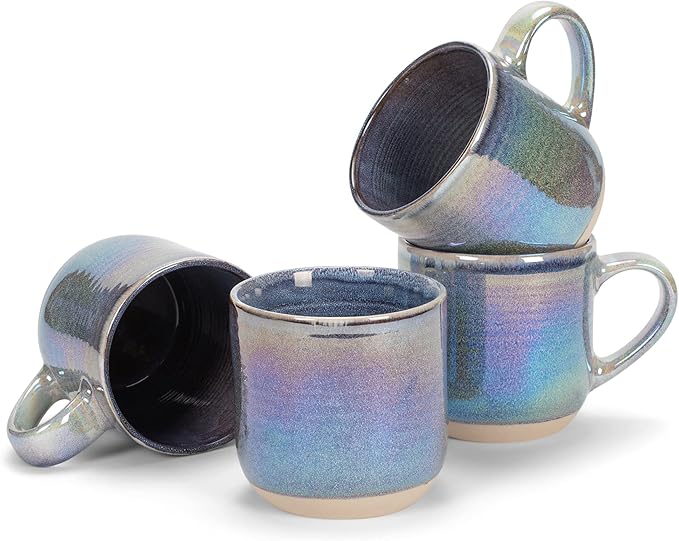 Elanze Designs Glossy Reactive Glaze Large 17 Fluid Ounce Everyday Kitchen Food Grade Ceramic Stoneware Coffee Mug Cup with Comfort Curved Handles, Set of 4, Purple Rainbow