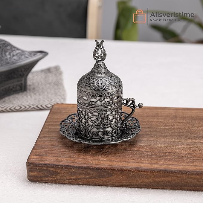 Alisveristime Turkish Coffee Set for Two - Authentic Ottoman Style Cups, Saucers, and Serving Tray with Lale Motifs (Acur) (Black)