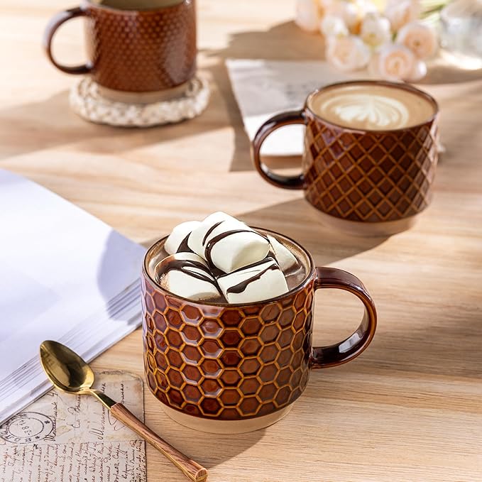 GBHOME 12 OZ Stackable Coffee Mugs, Ceramic Coffee Cups with Texture Patterns for Man,Woman,Dad,Mom, Modern Coffee Mugs Set of 4 for Latte/Cappuccino/Cocoa. Dishwasher&Microwave Safe