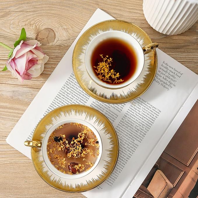 LETAOTAO Tea Cups and Saucers Set of 6, 7 oz Ceramic Turkish Coffee Cup With Gold Trim for Cappuccino, Latte, Mocha, Au Lait, Double Espresso, White