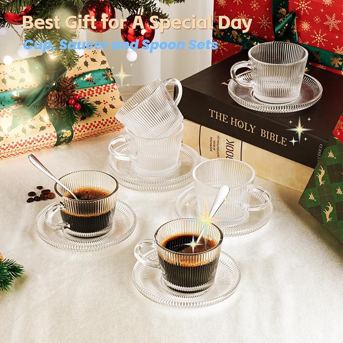 Glass Espresso Shot Cups with Saucers Set of 6, Clear Small Demitasse Cup with Stainless Steel Spoons, Dishwasher Safe Coffee Mugs for Tea Hot Chocolate Cappuccino, 5OZ/150ML, Stripe