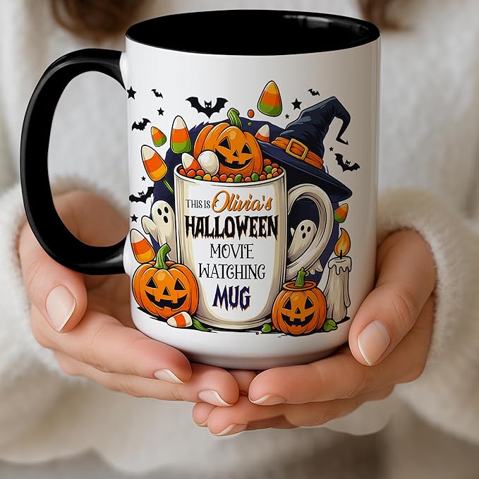 Personalized Halloween Movie Watching Mug – Custom Pumpkin Ghost Coffee Cup with Witch Hat and Candy Corn – Cute Fall Coffee Mug for Women, Spooky Bookish Gift for Readers & Halloween Lovers