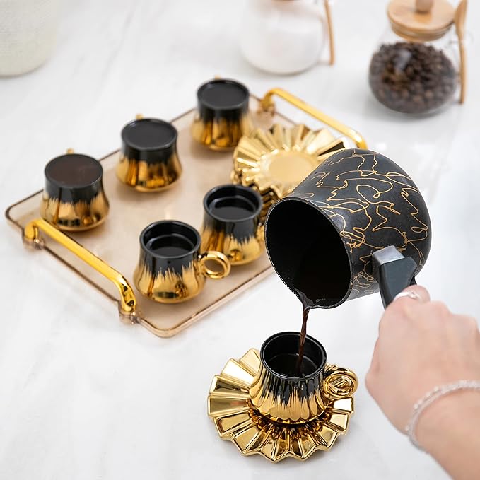 Turkish Coffee Cup Set of 6 with Saucers & Tray - Luxury Arabic Greek Japanese Marble Ceramic Tea Cups for Espresso Cappuccino Latte Mocha, Ideal Gift - 3.5oz, Black Gold