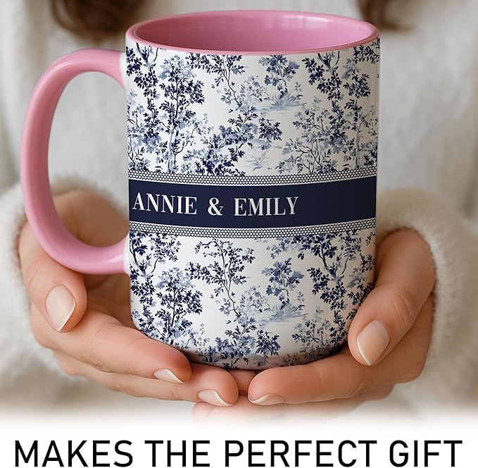 Personalized Best Friend Mug – Custom Name Floral Design, Birthday, Anniversary, Going Away Gifts for Best Friends, Chinoiserie Toile de Jouy Ceramic Mug