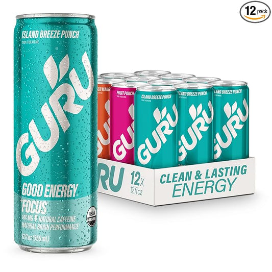 GURU PUNCH Organic Energy Drinks Variety Pack, Clean Energy Drink with Plant Based Natural Caffeine from Green Tea + Focus w/L-Theanine, Gluten Free, 140mg Caffeine, Healthy Drinks, 12oz (Pack of 12)