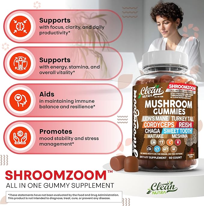15in1 Mushroom Gummies with Lion's Mane Turkey Tail Cordyceps Reishi Chaga Sweet Toot Maitake Meshima Poria Cocos Shiitake Tremella, Oyster Agaricus Mushrooms for Men and Women Supplement - 2Pack