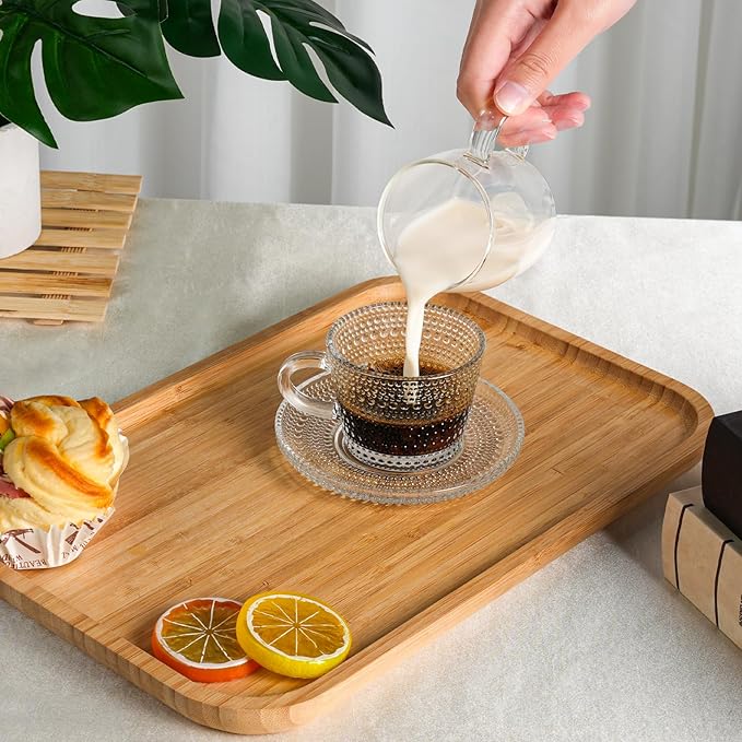 Glass Espresso Shot Cups with Saucers Set of 6, Clear Small Demitasse Cup with Stainless Steel Spoons, Dishwasher Safe Coffee Mugs for Tea Hot Chocolate Cappuccino, 5OZ/150ML, Raindrop