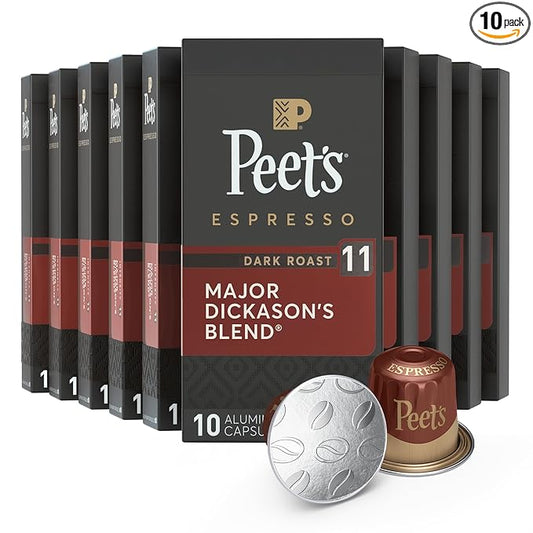 Peet's Coffee, Dark Roast Espresso Capsules, Compatible with Nespresso Original Machines - Major Dickason's Blend, Intensity 11, 100 Count (10 Boxes of 10 Espresso Capsules)