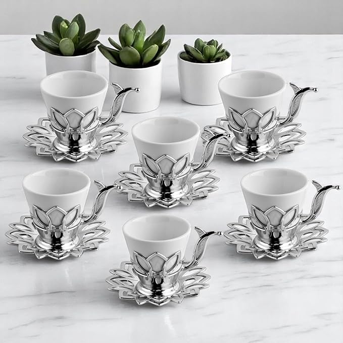 Alisveristime (Set of 6 Turkish Coffee Set with Porcelain Cups, Zamac Holders & Saucers – 80ml Capacity, Ottoman Motif, 4 Color Options (Silver)