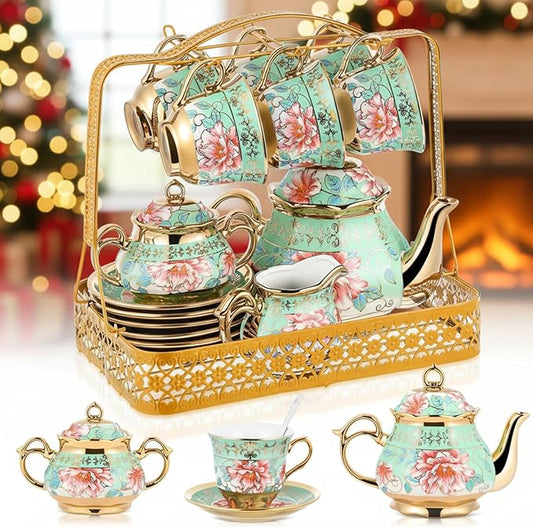 22 Pcs Gold Plated Vintage Floral Porcelain Tea Set for Adults with Metal Holder Elegant European Ceramic Tea Party Set Cup for Women Fancy Porcelain Coffee Cup Serving 6 People(Cyan Flower)