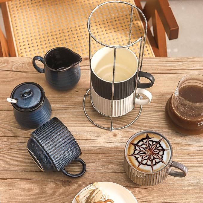 glowworm Coffee Mugs with Stand, Stackable Coffee Mugs Set of 4, Wedding Housewarming Gift, Modren Ceramic Cups for Milk, Cocoa, Microwave & Dishwasher Safe, Multicolor