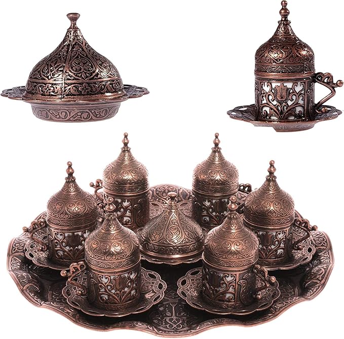 Alisveristime 6-Piece Set Turkish Espresso Coffee Cups with Saucer, Lid, Traditional Ottoman Tulip Motif (Multiple Color Variations) (Lale) (Copper)