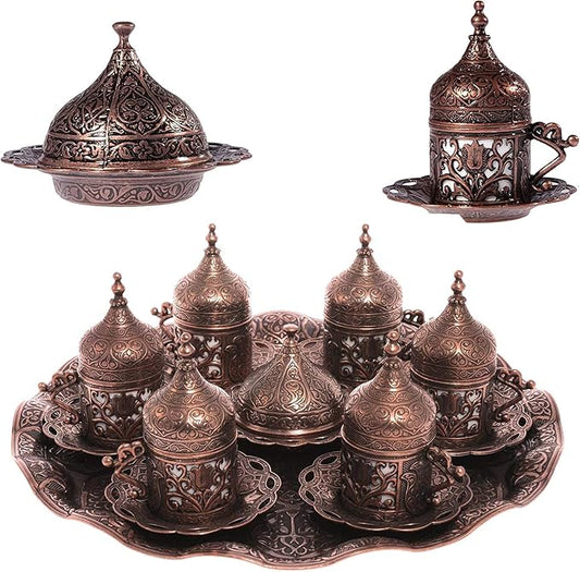 Alisveristime 6-Piece Set Turkish Espresso Coffee Cups with Saucer, Lid, Traditional Ottoman Tulip Motif (Multiple Color Variations) (Lale) (Copper)