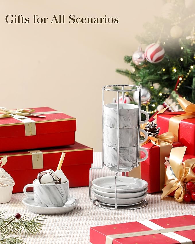 MALACASA 4 OZ Porcelain Espresso Cups with Saucers and Metal Stand Set of 4, Stackable Cappuccino Cups, Marble Gray Expresso Shots Cup Set for Coffee Drinks, Latte, Tea