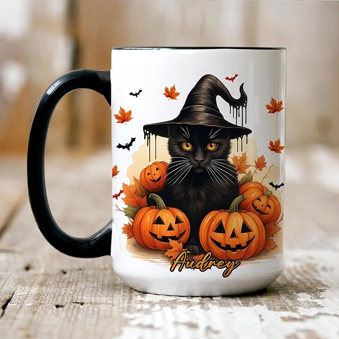 Personalized Halloween Black Cat Mug – Custom Name Coffee Cup with Witch Hat and Pumpkins – Spooky Fall Gift for Cat Lovers & Halloween Decor Fans