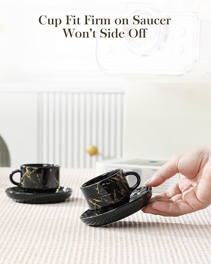 MALACASA 2.5 OZ Porcelain Espresso Cups with Saucers and Metal Stand Set of 4, Stackable Cappuccino Cups, Marble Black Expresso Shots Cup Set for Coffee Drinks, Latte, Tea