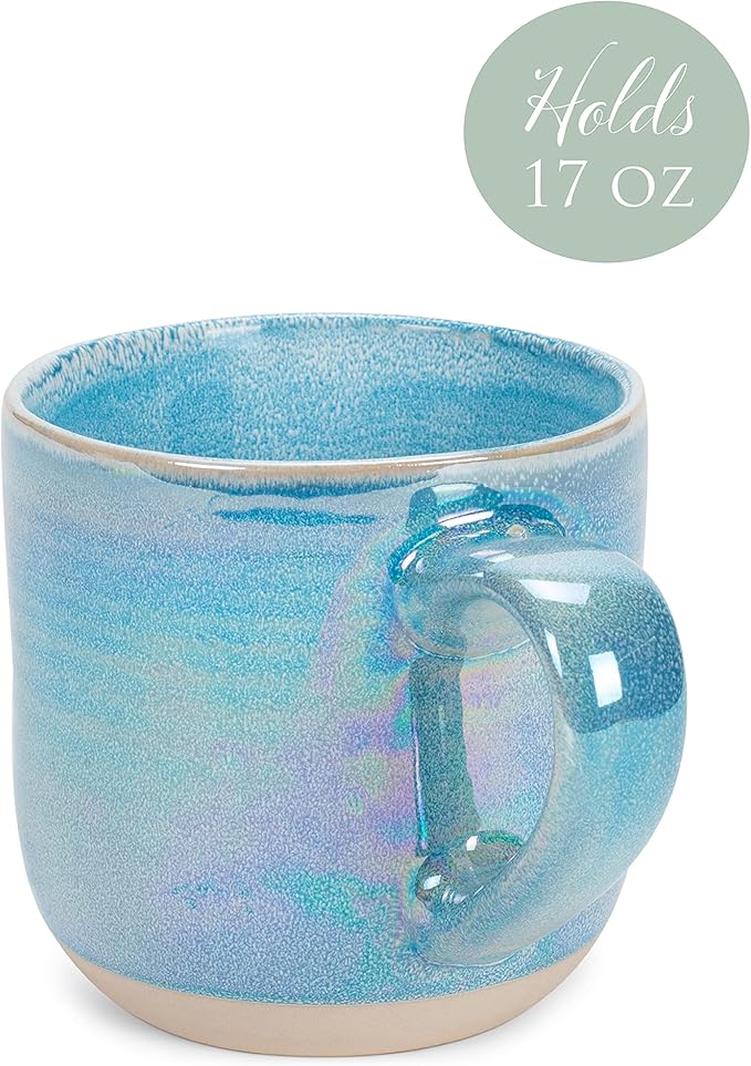 Elanze Designs Glossy Reactive Glaze Large 17 Fluid Ounce Everyday Kitchen Food Grade Ceramic Stoneware Coffee Mug Cup with Comfort Curved Handles, Set of 4, Blue