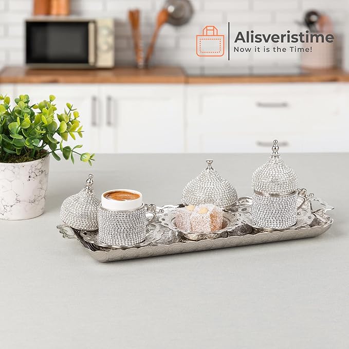 Alisveristime Ottoman Turkish Greek Arabic Espresso Coffee Cups with Saucer and Lid (Crystal Set) (Set of 2) (Silver)