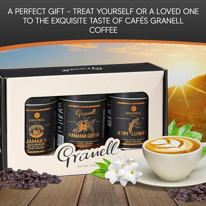 Cafés Granell – Kopi Luwak + Blue Mountain Coffee | Exotic Collection | Fresh Whole Gourmet Beans | JACRA Certified | 100% Arabica Coffee-Premium Medium Roast | 3.53oz