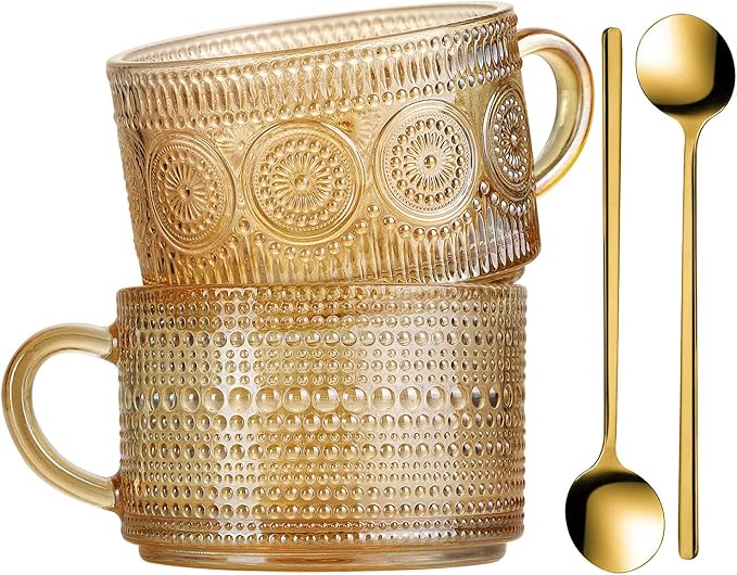WHJY Vintage Glass Coffee Mugs with Spoon, Set of 2 espresso ribbed glass coffee cup，Embossed Tea Cups, Esthetic Tea Cups for Cappuccino, Latte, Hot Beverages, 14 oz