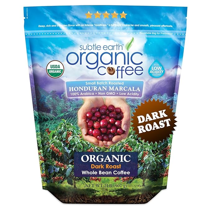 2LB Subtle Earth Organic Coffee - Dark Roast - Whole Bean Coffee - 100% Arabica Beans - Low Acidity and Non-GMO - 2lb bag