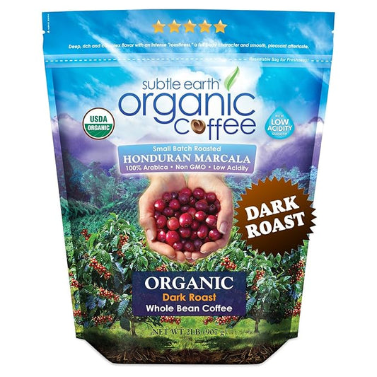 2LB Subtle Earth Organic Coffee - Dark Roast - Whole Bean Coffee - 100% Arabica Beans - Low Acidity and Non-GMO - 2lb bag