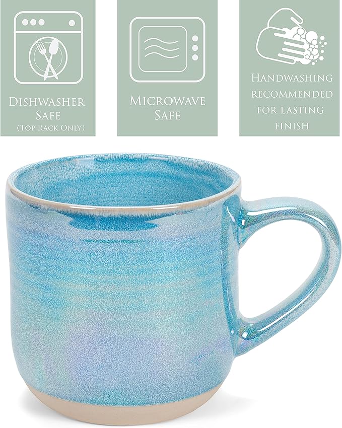 Elanze Designs Glossy Reactive Glaze Large 17 Fluid Ounce Everyday Kitchen Food Grade Ceramic Stoneware Coffee Mug Cup with Comfort Curved Handles, Set of 4, Blue