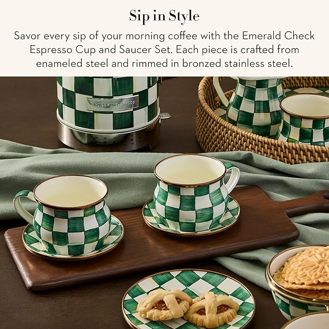 MACKENZIE-CHILDS Espresso Cup and Saucer Set, Cute Small Coffee Cups and Saucers, Set of 2, Green-and-White Emerald Check