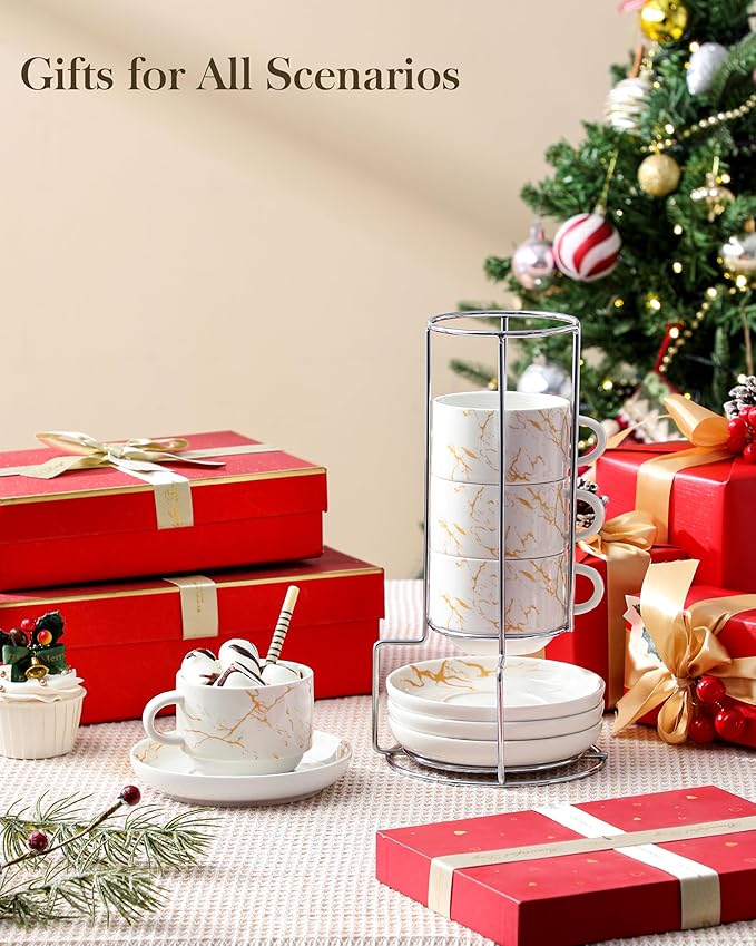 MALACASA 8 OZ Porcelain Espresso Cups with Saucers and Metal Stand Set of 4, Stackable Cappuccino Cups, Marble White Expresso Shots Cup Set for Coffee Drinks, Latte, Tea