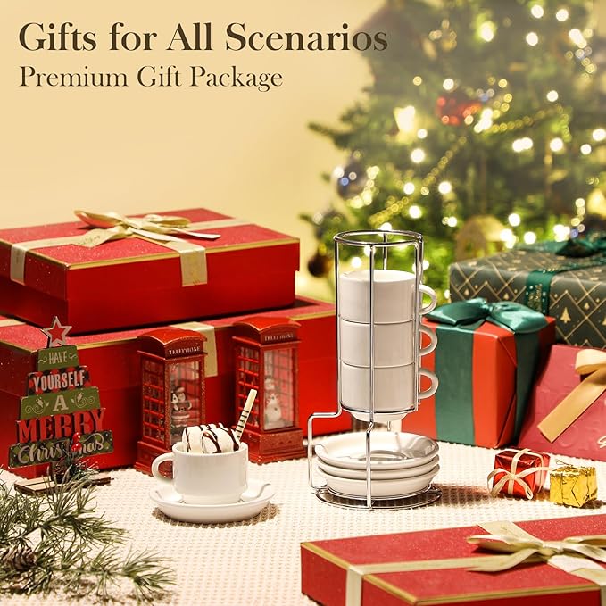 MALACASA 2.5 OZ Porcelain Espresso Cups with Saucers and Metal Stand Set of 4, Stackable Cappuccino Cups, White Expresso Shots Cup Set for Coffee Drinks, Latte, Tea