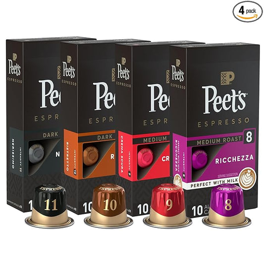 Peet's Coffee, Dark and Medium Roast Espresso Capsules Variety Pack, Compatible with Nespresso Original Machine - Intensity 8-11, 40 Count (4 Boxes of 10 Espresso Capsules)