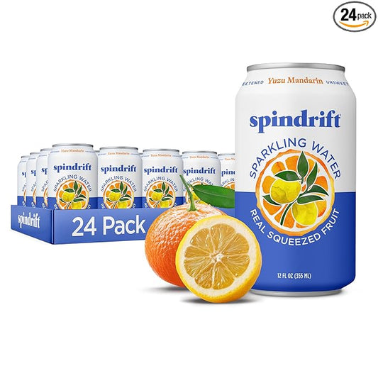 Spindrift Sparkling Water, Yuzu Mandarin Flavored, Made with Real Squeezed Fruit, 12 Fl OZ Cans, Pack of 24 (Only 6 Calories per Can)