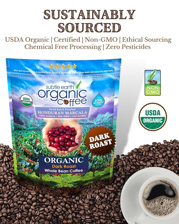 2LB Subtle Earth Organic Coffee - Dark Roast - Whole Bean Coffee - 100% Arabica Beans - Low Acidity and Non-GMO - 2lb bag