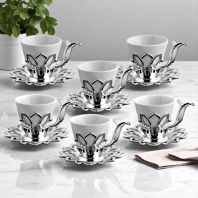 Alisveristime (Set of 6 Turkish Coffee Set with Porcelain Cups, Zamac Holders & Saucers – 80ml Capacity, Ottoman Motif, 4 Color Options (Silver)