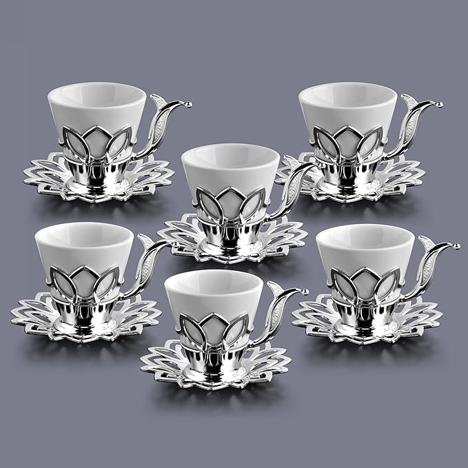 Alisveristime (Set of 6 Turkish Coffee Set with Porcelain Cups, Zamac Holders & Saucers – 80ml Capacity, Ottoman Motif, 4 Color Options (Silver)