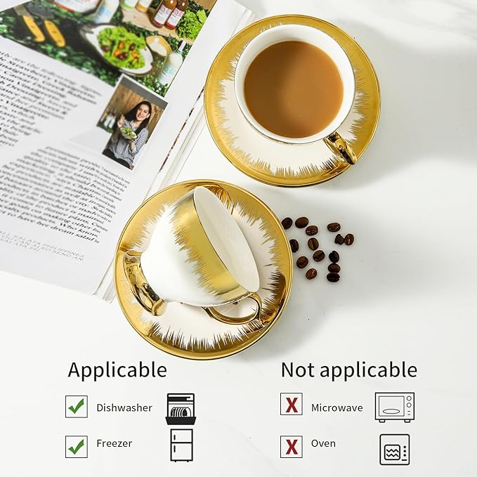 LETAOTAO Tea Cups and Saucers Set of 6, 7 oz Ceramic Turkish Coffee Cup With Gold Trim for Cappuccino, Latte, Mocha, Au Lait, Double Espresso, White