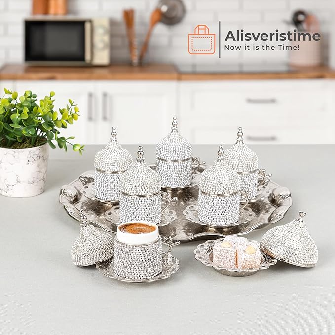 Alisveristime Crystal Embellished Turkish Coffee Set – 27 Pieces – Decorative Zamac Espresso Cups, Saucers and Sugar Bowl with Tray – Available in Three Color Variations (Silver)