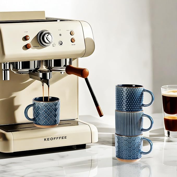 GBHOME 15OZ Stackable Coffee Mugs, Ceramic Coffee Cups with Texture Patterns for Man,Woman,Dad,Mom, Modern Coffee Mugs Set of 4 for Latte/Cappuccino/Cocoa. Dishwasher&Microwave Safe, Blue