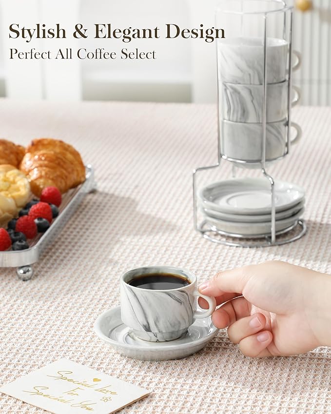 MALACASA 2.5 OZ Porcelain Espresso Cups with Saucers and Metal Stand Set of 4, Stackable Cappuccino Cups, Marble Gray Expresso Shots Cup Set for Coffee Drinks, Latte, Tea