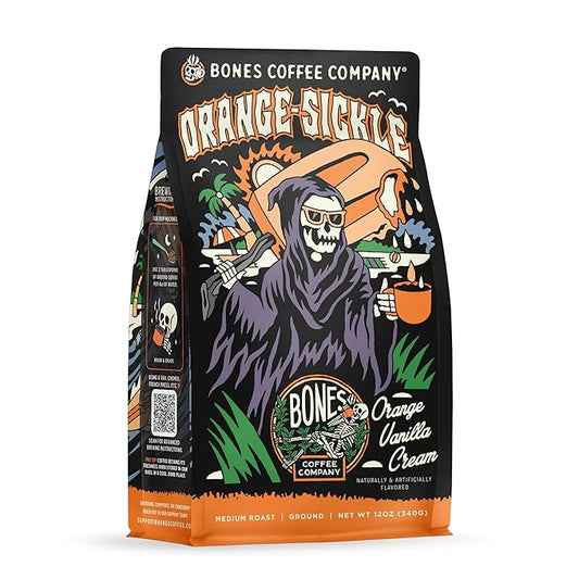 Bones Coffee Company Orange Sickle, Orange Vanilla Cream Flavored Coffee, Medium Roast Low Acid Arabica Beans Compatible with Auto drip and French Press Coffee Maker, 12 Oz Ground