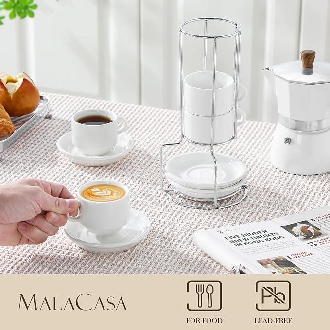 MALACASA 2.5 OZ Porcelain Espresso Cups with Saucers and Metal Stand Set of 4, Stackable Cappuccino Cups, White Expresso Shots Cup Set for Coffee Drinks, Latte, Tea