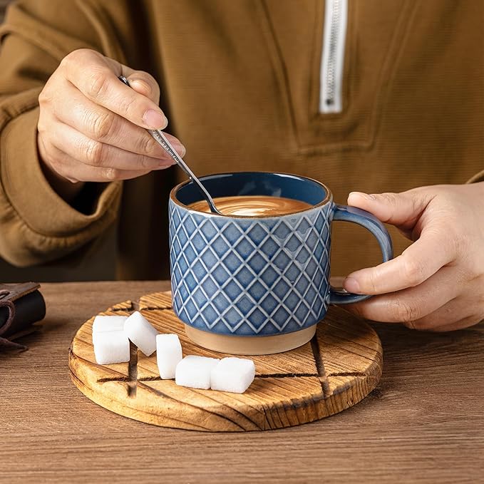 GBHOME 12 OZ Stackable Coffee Mugs, Ceramic Coffee Mugs with Texture Patterns for Man,Woman,Dad,Mom, Modern Coffee Cups Set of 4 for Latte/Cappuccino/Cocoa. Dishwasher&Microwave Safe