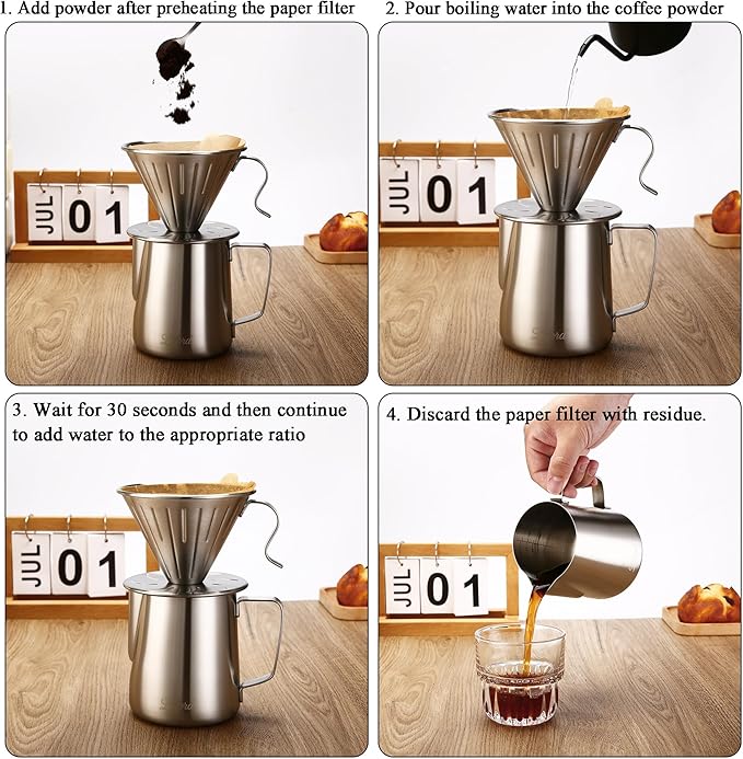 Pour Over Coffee Maker, 304 Stainless Steel wIth 100 pcs V60 Paper Filters & 600ml Milk Frothing Pitcher, for Home & Camping