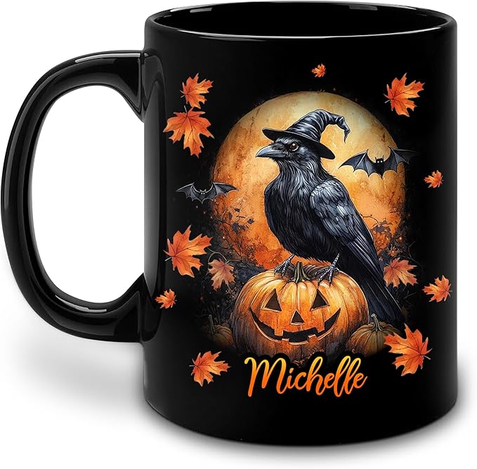 Hyturtle Personalized Halloween Raven Crow Mug - Raven Gift For Women Lover - Wild Animal Lover Gift For Her - Spooky Season Decor For Fall Season Halloween - Coffee Name Cup Ceramic Mug 11 oz 15 oz