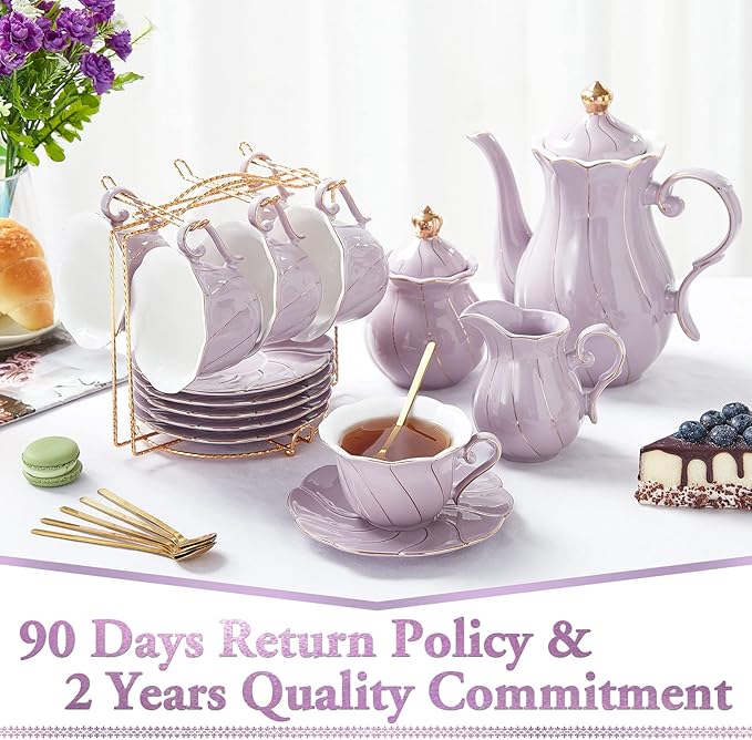 DUJUST 22 pcs Porcelain Tea Set for 6, Luxury British Style Tea/Coffee Cup Set with Golden Trim, Beautiful Tea Set for Women, Tea Party Set, Gift Package (With a Stand) - Purple