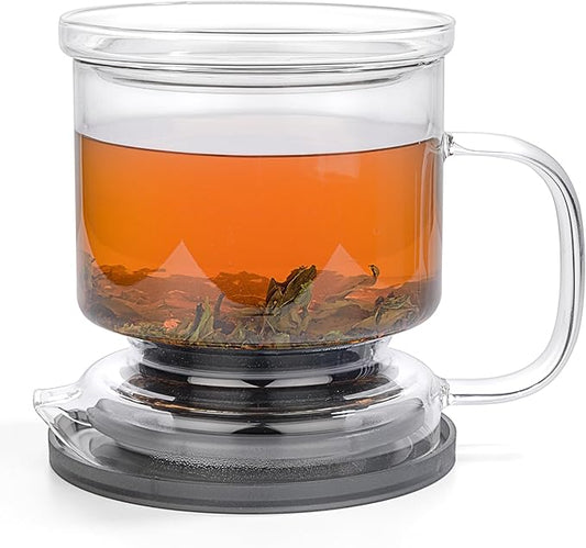 Glass Tea Infuser – Loose Leaf Brewer Cup with Lid – Premium Glass Steeper for Loose Leaf with Coaster | Easy Brew & Clean, BPA-Free, Innovation Smart Tea Maker for Daily Brewing | 17oz
